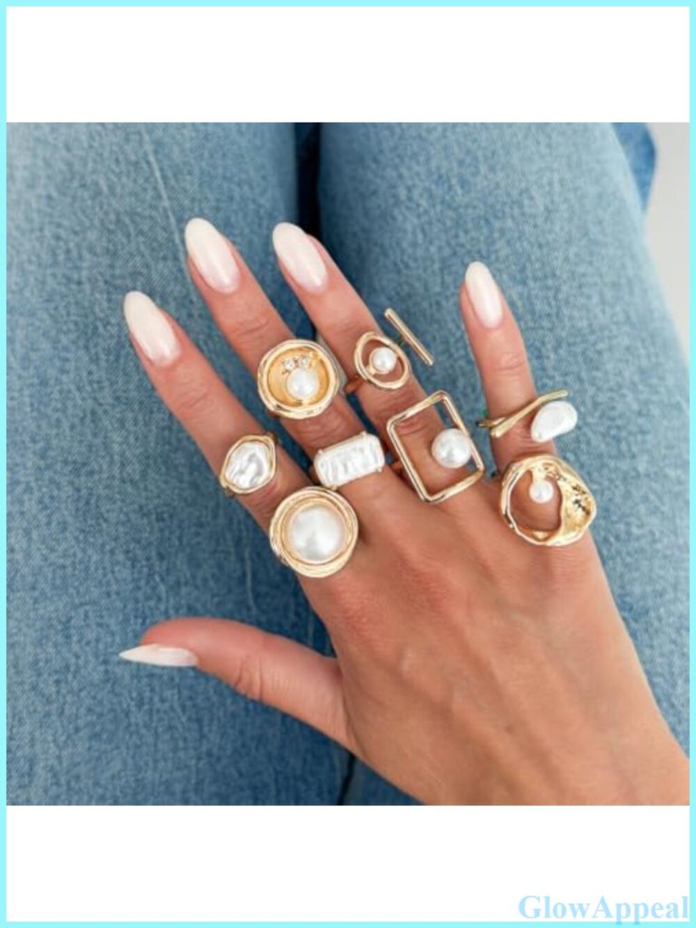 Gold Pleated Stack Ring Set Pearl Square Hollow Open Stackable Rings - Picture 5 of 6